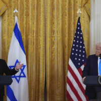 Israeli Prime Minister Benjamin Netanyahu answers questions during a news conference with President Donald Trump at the White House, February 2025.